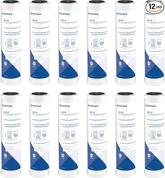 Pentair Pentek CBC-10 Carbon Water Filter, 10-Inch, Under Sink Carbon Block Replacement Cartridge with Bonded Powdered Activated Carbon (PAC) Filter, 10" x 2.5", 0.5 Micron, Pack of 12