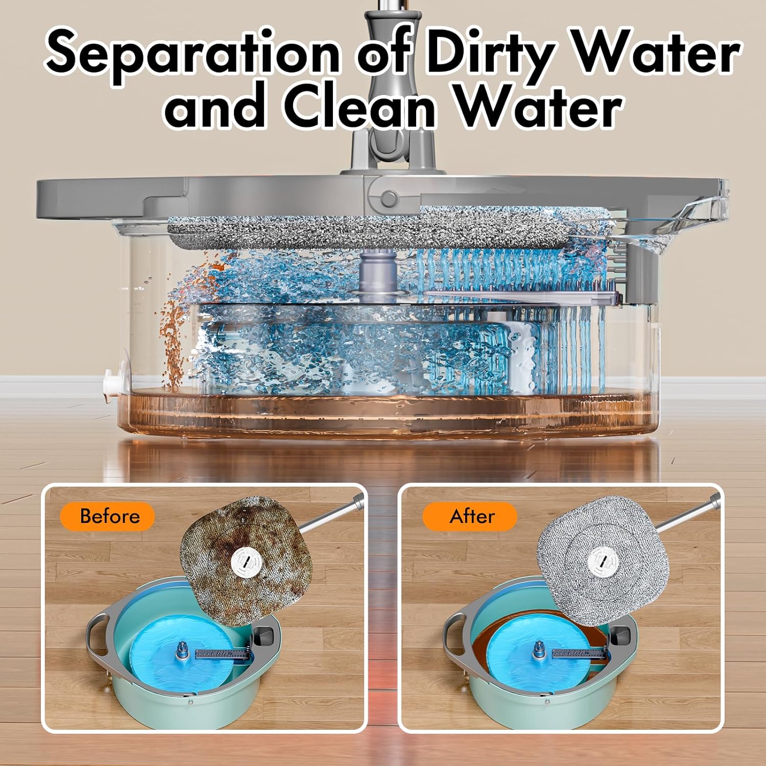 Spin Mop and Bucket with Separate Dirty and Clean Water,360° Spin Mop and Bucket System with Widening Foldable Handle,4 Replaceable Mop Pads,Square Mop for Floor Hardwood Tile Marble Wall Cleaning