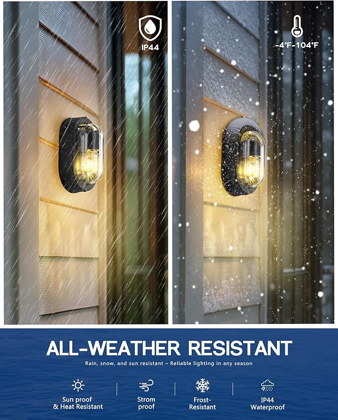 FEMILA 8.5" Oval Bulkhead Light, Modern Exterior Wall Sconce, 2 Pack Outdoor Wall Light & Ceiling Flush Mount, Ripple Glass, IP44 Waterproof, Front Porch Light for Patio/Garage/Entry, 4FYX104F-2 BK SW