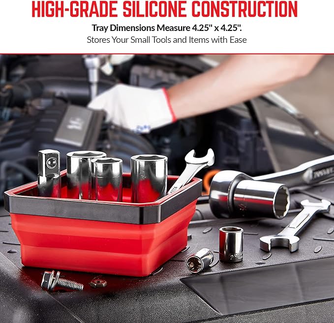 Collapsible Magnetic Parts Tray Set - (Pack of 3) Tool Trays for Screw, Bolts, Nuts, Washers, Pins and Other Small Metal Parts - 4.25 Inch Square - Red, Blue, and Green