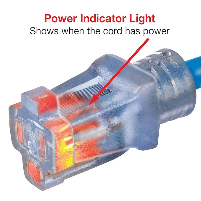 Clear Power Heavy Duty Outdoor Extension Cord - 100 FT, Blue | for Extreme Cold Weather -50°C, 16/3 SJTW, 3 Prong Grounded Plug, with Power Indicator Light (CP10075)