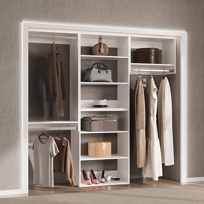 Modular Closet System, 78" Wide Closet Organizer System with Towers and Hanging, Wood Closet Tower Storage for Walk In Closets, Wall Mounted Wardrobe Organizer Kit System, Bedroom, White