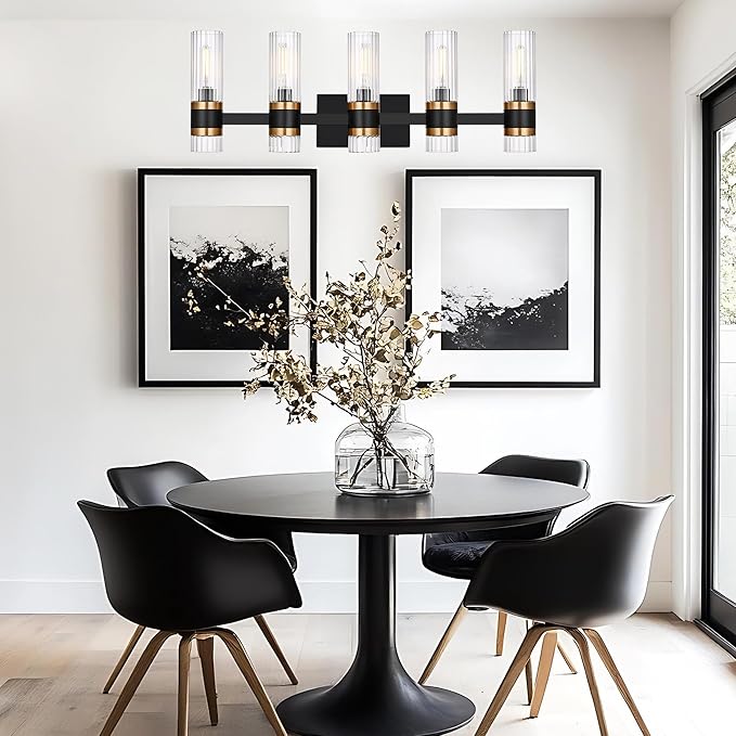 MELUCEE 5-Light Bathroom Lights Over Mirror in Black Finish, Farmhouse Vanity Lights with Ribbed Clear Glass Shade Indoor Metal Wall Light Fixtures for Kitchen Powder Room Foyer, E12 Base