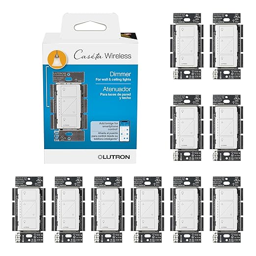 Lutron Caseta Original Smart Dimmer Switch (Lutron Smart Hub Required), for LED Lights, 150 Watt, Single-Pole/3-Way, No Neutral Required, PD-6WCL-WH, White, 10 Pack