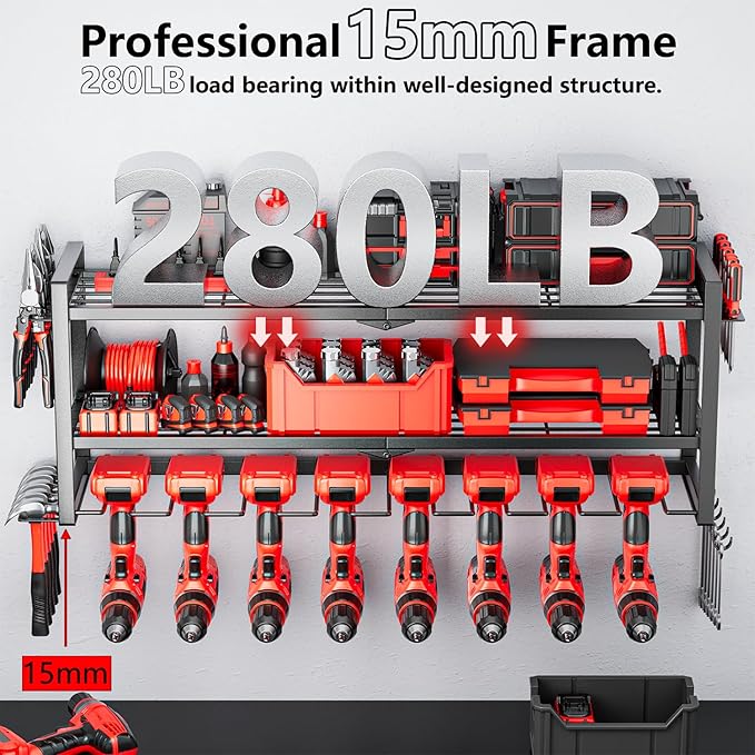 Power Tool Organizer Wall Mount, 3 Layer 8 Drill Holders Tool Storage Rack, Power Tool Shelf Loads 280lbs for Garage, Warehouse, Workshop, Gifts for Men Dad Husband Anniversary Fathers Day