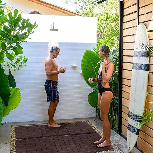 Goovilla Plastic Interlocking Deck Tiles, 9 Pack Outdoor Patio Flooring, 12"x12" Interlocking Decking Tile Outdoor All Weather Use, Waterproof Patio Pavers for Pool Balcony Backyard Porch, Dark Brown