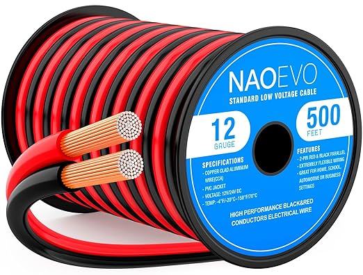NAOEVO 12 Gauge Wire 500FT, 2 Conductors Electrical Wire Red Black Cable, Flexible/Low Voltage/PVC 12 AWG Copper Clad Aluminum Extension Cord for Speaker, LED Strips, Automotive 12V/24V DC