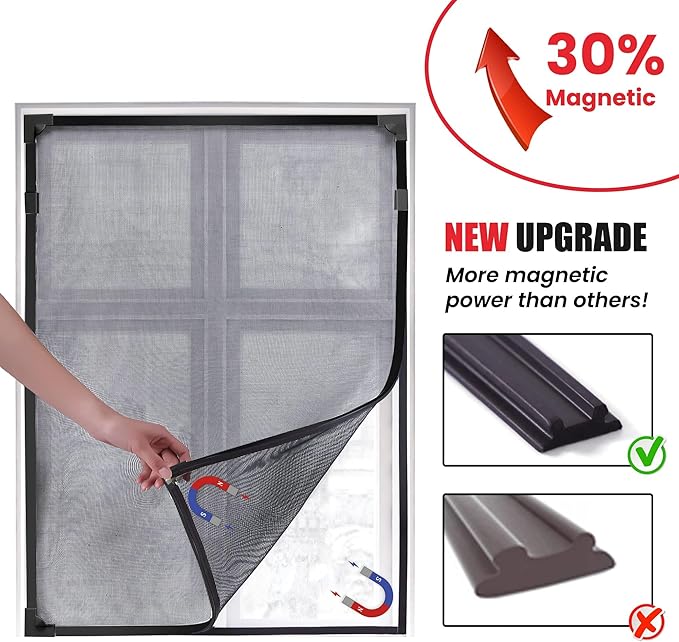 DIY Magnetic Window Screen Replacement Adjustable Mesh Screen 55"H*36"W with Magnets Fits Any Size White Frames with Grey Fiberglass Screen