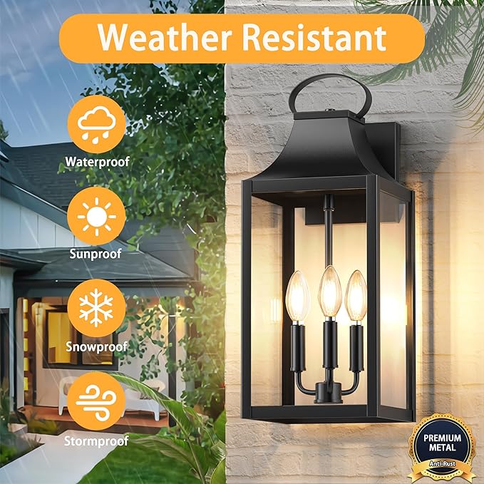 20" Extra Large Outdoor Wall Light, Black Exterior Lighting Fixtures with 3-Light, Waterproof Wall Mount Porch Lantern, Modern Outside Wall Sconce Garage Coach Light with Clear Glass, E12, 1 Pack