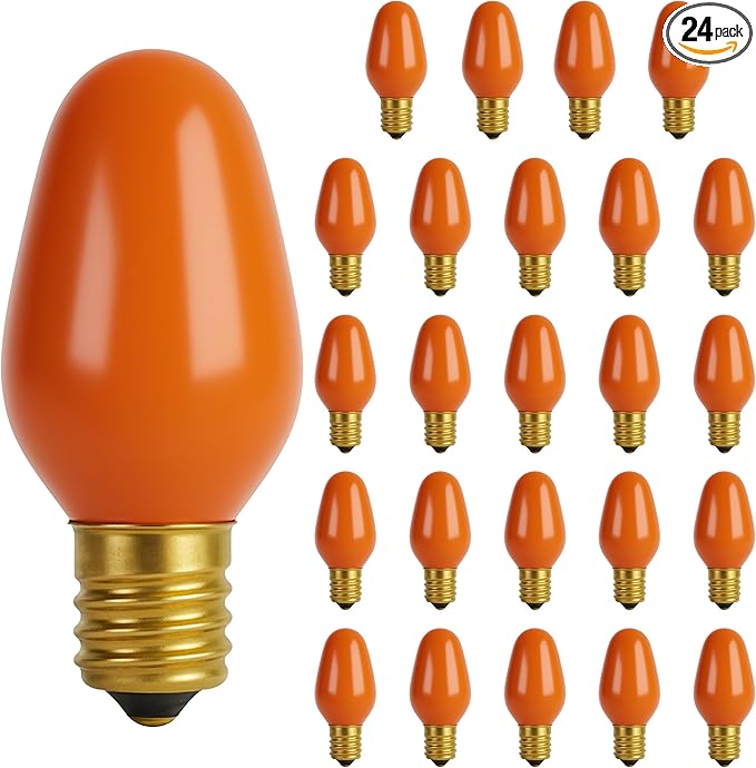 OHLECTRIC Halloween Light Bulbs (24 Pack –Orange), 7 Watt Mini Bulbs – E12 Candelabra Base, Non-Dimmable, 120 Volts – C7 Night Light Lamp Replacement Bulb for Salt Lamps, Window Candles, Holiday Decor