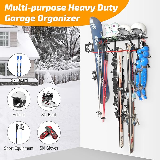 PLKOW Wall-Mounted Ski Rack, Skis Storage Rack for Garage Shed with Top Storage Shelf, Customizable Spacing, Supports Up to 560 lbs, 2-Pack