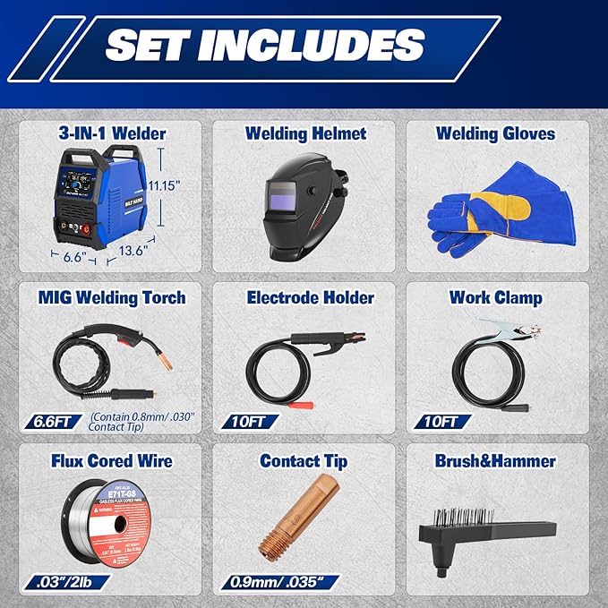BILT HARD 135A 3-in-1 IGBT Inverter Welder, 110V Flux Core MIG/Lift TIG/Stick Welding Machine with Synergic Control, LED Display, 2T/4T/SPOT Modes & Full Kit (Solar Helmet, Gloves)
