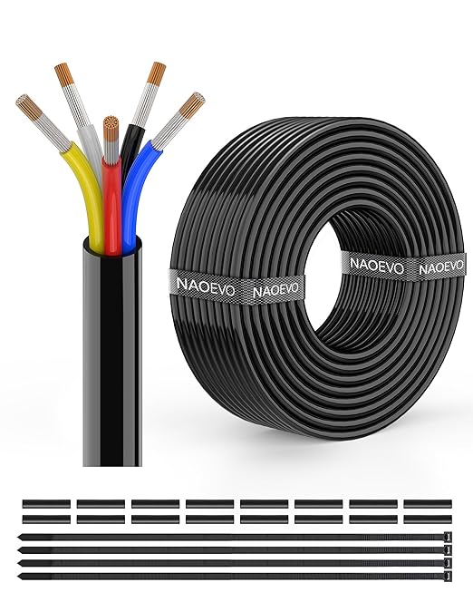 NAOEVO 16 Gauge Wire 5 Conductor Electrical Wire, 16 AWG Stranded PVC Cord, 12V Low Voltage/Tinned Copper/Flexible Cable for Automotive Wiring, Lamp Cord, Marine Cable (30FT)