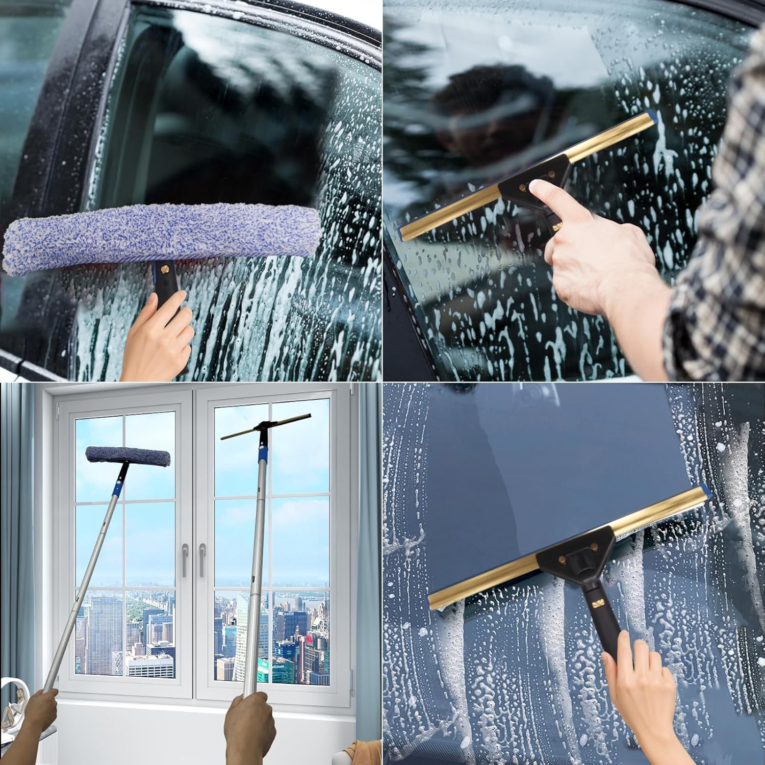 ﻿Pro Window Cleaning Kit with Storage Bucket, with 4 13 inch Extension Rods, Scrubber, Spray Bottle, Rag and Scraper with Rotating Head - Car/Home Glass Cleaning System