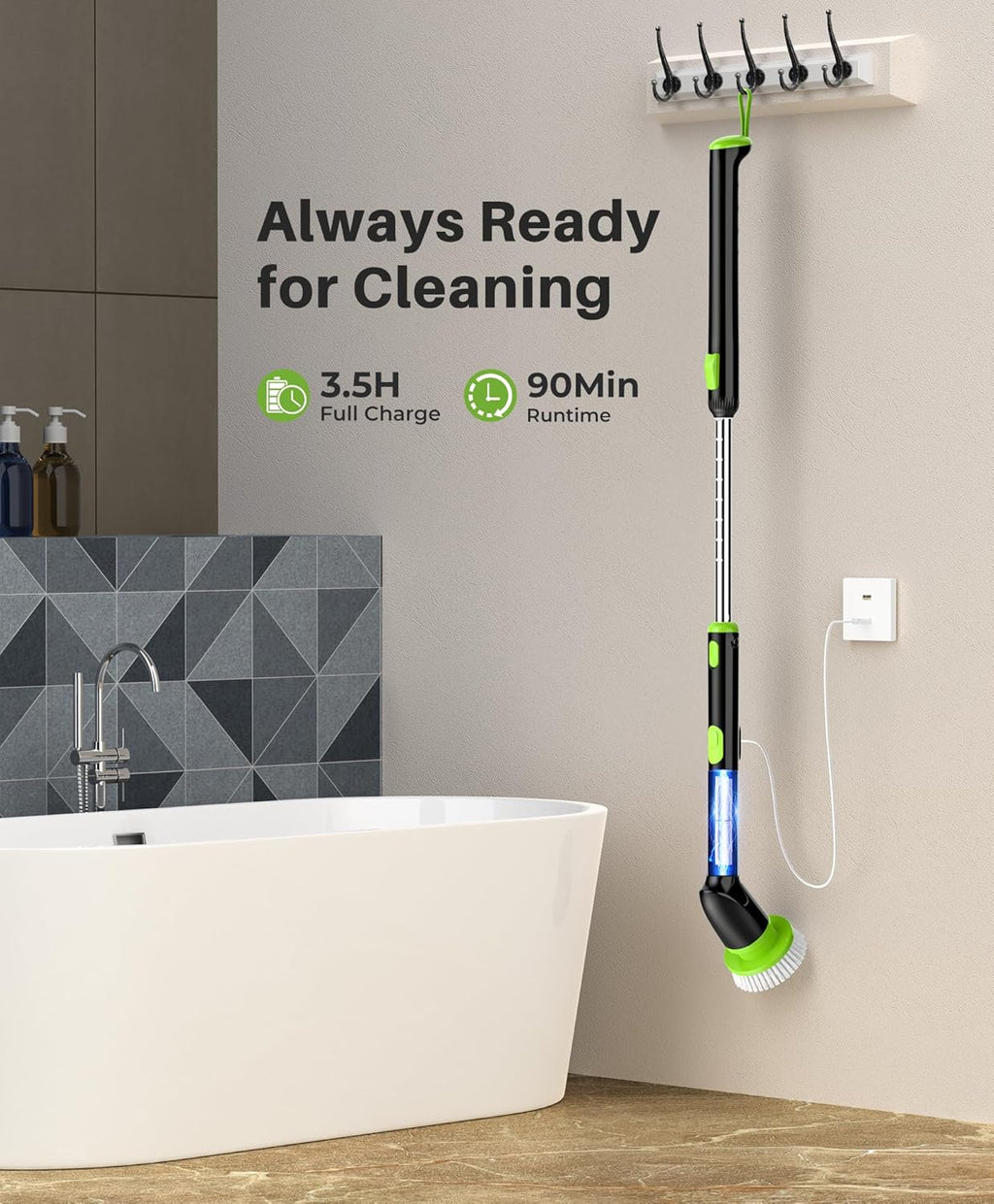 LyriFine Electric Spin Scrubber, 2024 New Full-Body IPX7 Waterproof Bathroom Cleaner Brush, Shower Scrubber with Long Handle & 2 Speed, Heads Replacement, Cleaning Supplies for Tub Shower Tile Floor