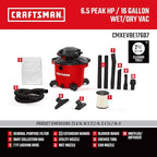 CRAFTSMAN CMXEVBE17607 16 Gallon 6.5 Peak HP Wet/Dry Shop Vac with Detachable Leaf Blower, Portable Shop Vacuum Wet and Dry with Filter, Dust Bag, Hose and Attachments for Garage, Outdoor Cleaning