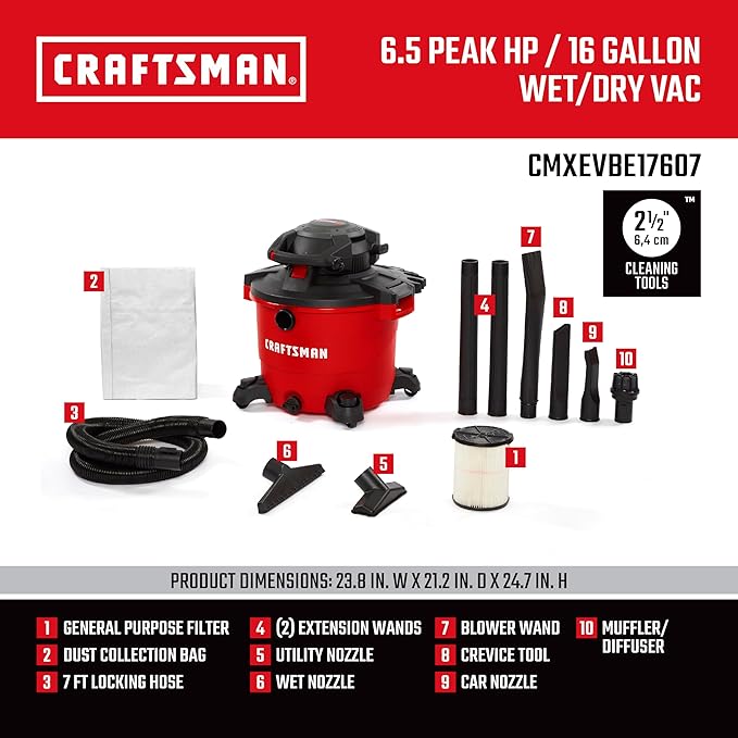 CRAFTSMAN CMXEVBE17607 16 Gallon 6.5 Peak HP Wet/Dry Shop Vac with Detachable Leaf Blower, Portable Shop Vacuum Wet and Dry with Filter, Dust Bag, Hose and Attachments for Garage, Outdoor Cleaning