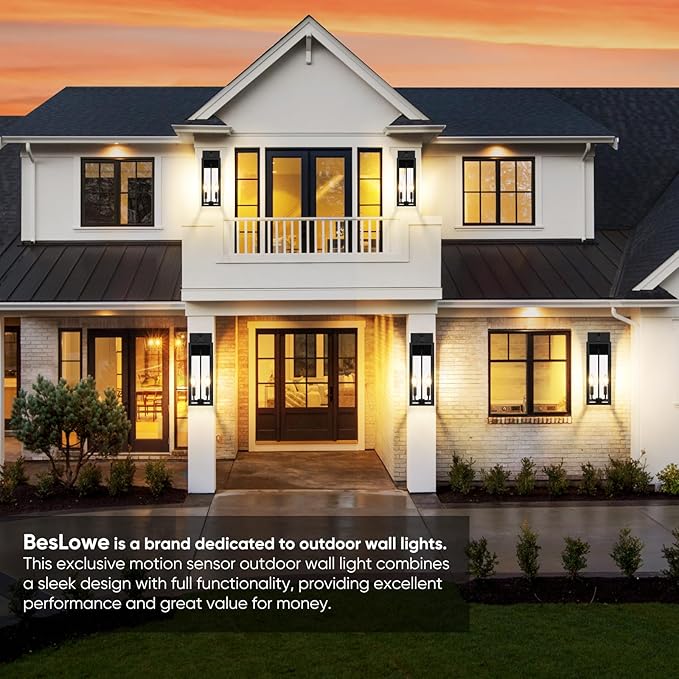 BesLowe Upgraded Motion Sensor Outdoor Wall Light, 18" Large Dusk to Dawn Porch Sconce Lantern, 3 Lighting Modes Exterior Fixture Wall Mount, Black Outside Light for House Garage