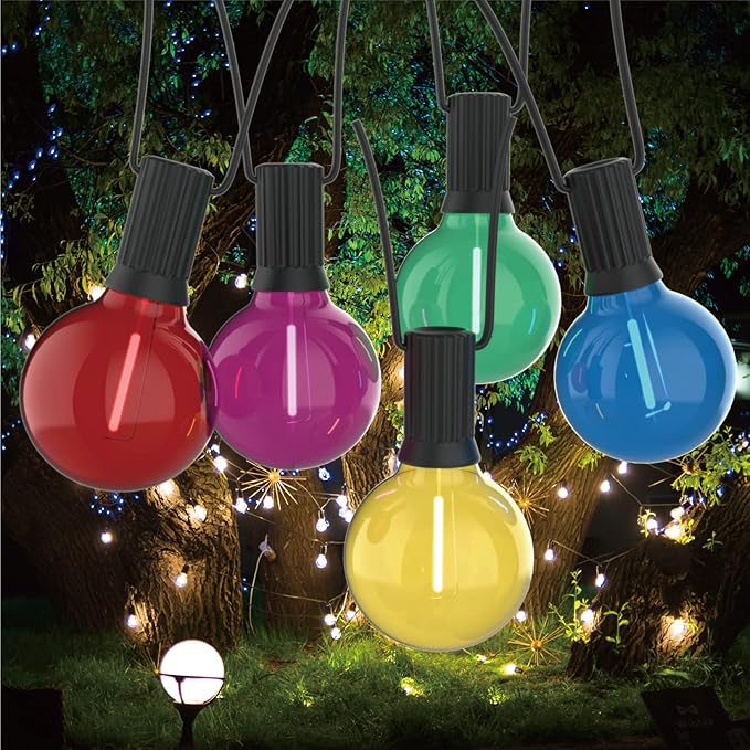 Meconard 25 Pack G40 Colored LED String Light Bulbs, E12/C7 Candelabra Base Shatterproof LED 1 Watt Globe Replacement Bulbs, Multi-Color: Red/Green/Blue/Orange/Purple
