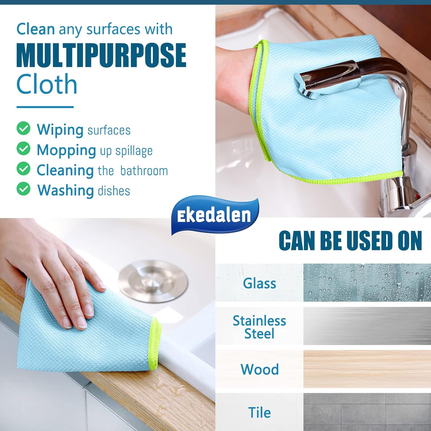 Microfiber Cleaning Cloth Lint Free Glass Cleaner Window Polishing Streak Free Miracle Easy Clean Rag Reusable for Mirror Kitchen Dish Auto Detailing,Pack of 8, 12'' x 16'', Light Blue