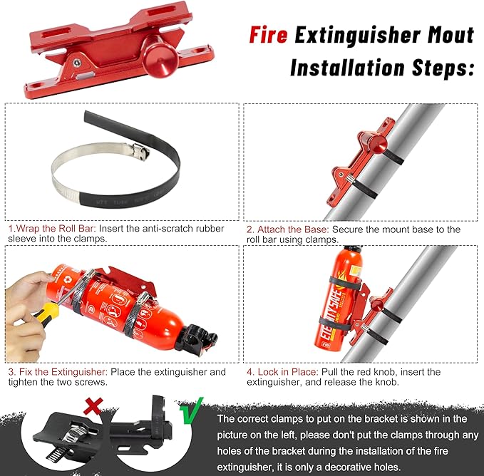 Quick Release Fire Extinguisher Mount - Aluminum Adjustable UTV Roll Bar Fire Extinguisher Holder Mounting Bracket for Jeep Wrangler TJ JK JL JKU Polaris RZR Ranger Can-Am X3, Red