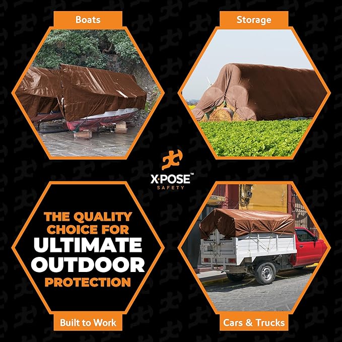 12' x 16' Super Heavy Duty 16 Mil Brown Poly Tarp Cover - Thick Waterproof, UV Resistant, Rip and Tear Proof Tarpaulin with Grommets and Reinforced Edges - by Xpose Safety