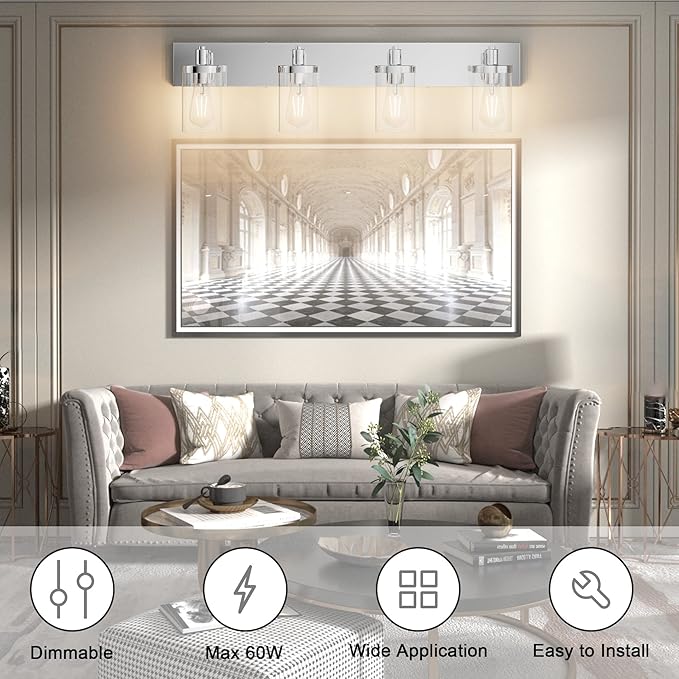 Aipsun Bathroom Vanity Light Farmhouse 4 Light Chrome Vanity Lighting Fixtures with Clear Glass Shade(Exclude Bulb)