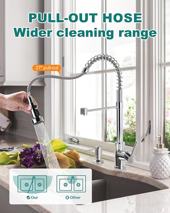 Chrome Kitchen Faucet with Soap Dispenser: Stainless Steel Kitchen Faucet with Pull Down Sprayer for Sink 2 or 4 Hole - 3 Modes Single Handle Kitchen Sink Faucets for Farmhouse RV Laundry Bar