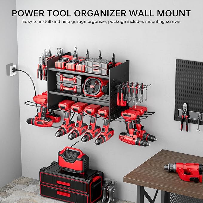 Power Tool Organizer Wall Mount, 3 Layer 8 Drill Holder Tool Shelf Storage Rack for Garage Organization, Birthday Gifts for Him Men Dad Husband Anniversary Fathers Day, Cool Gadget Stocking Stuffer