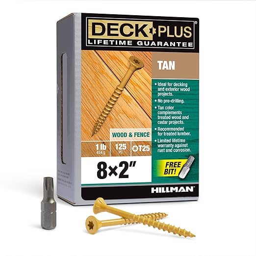 Deck Plus 2 Inch Epoxy Coated Exterior Wood and Fence Screws #8 x 2 Torx/Star Drive Included Coarse Thread, Outdoor Rust Resistant Decking Screw, Tan, 1lb Box, 125 Pieces | 48413
