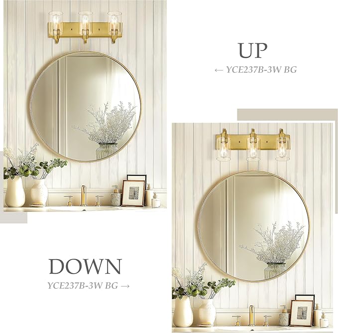Emliviar 3-Light Vanity Lights for Bathroom, Brushed Gold Bathroom Light with Clear Glass Shade, YCE237B-3W BG