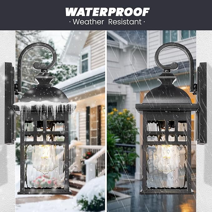 Outdoor Light Fixtures Black Aluminum Outside Wall Lantern with Water Ripple Glass Waterproof Wall Sconce Porch Lights for Patio Doorway 2-Pack E26 Socket
