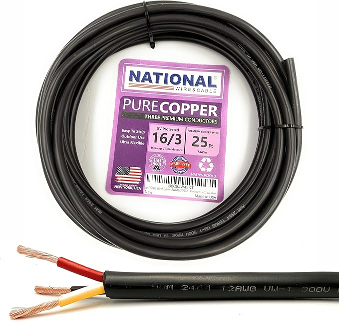 NATIONAL Wire & Cable – 16 AWG 3-Conductor Premium Copper Wire, 25 ft, Stranded | Made in USA, Heavy-Duty Flexible Jacket | LED, Lights, DIY Projects, Low Voltage Wiring, Indoor and Outdoor Use