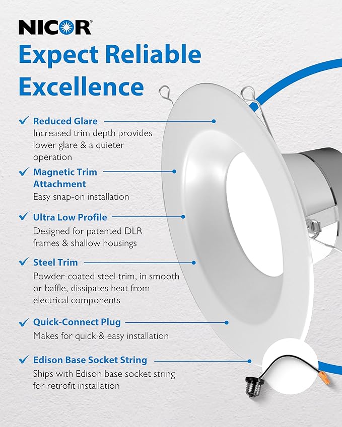 NICOR Lighting Recessed Ceiling Lights LED Downlight - Dimmable 5/6 inch LED Recessed Light Fixtures - Selectable CCT 2700K-5000K, 918 Lumens, 10.3W - DLR56 LED Retrofit Ceiling Light, White, 12-Pk