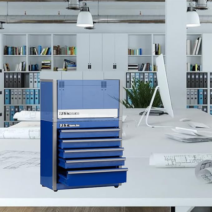 P.I.T. Mini Blue Tool Box, Portable 5-Drawer Micro Roll Cab Steel Stackable Tool Box with Liner, Blue Small Tool Case for Tools Storage and Organizers, Home DIY