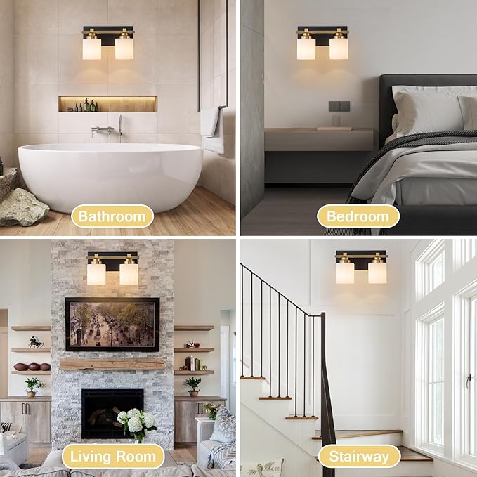 2 Light Modern Bathroom Light Fixtures Over Mirror, Black Gold Vanity Lights for Bathroom Wall Sconces with Milky White Glass Shades, E26 Socket (Bulbs Not Included)