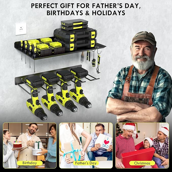 KSVO Wall Mount Power Tool Organizer, Metal Drill Holder for Garage, Workshop, and Shed, Heavy Duty Tool Storage Rack for Handheld & Cordless Tools (Black)