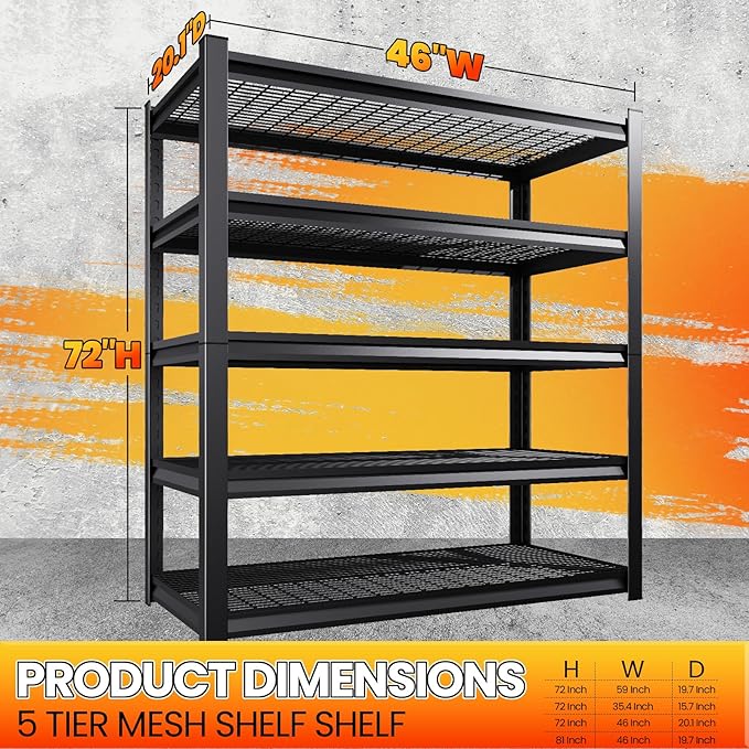 Large Garage Shelving, 5-Tier Garage Storage Shelves 3000LBS Heavy Duty Shelving Unit, Adjustable Steel Metal Shelving, Wire Shelves for Garag, Utility Rack Shelf for Basement, 72 ”H×46”W×20.1”D