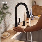Moen Essie Matte Black MotionSense Wave One-Handle Touchless Kitchen Faucet with Pulldown Sprayer and Soap Dispenser, 87014EWBL