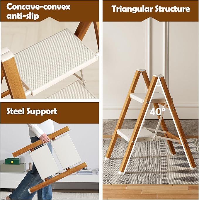 Taranta 2 Step Ladder,Aluminum Lightweight Folding 2 Step Stool with Anti-Slip Wide Pedal, 330lbs Capacity Step Ladder for Household,Kitchen,Office - White Woodgrain