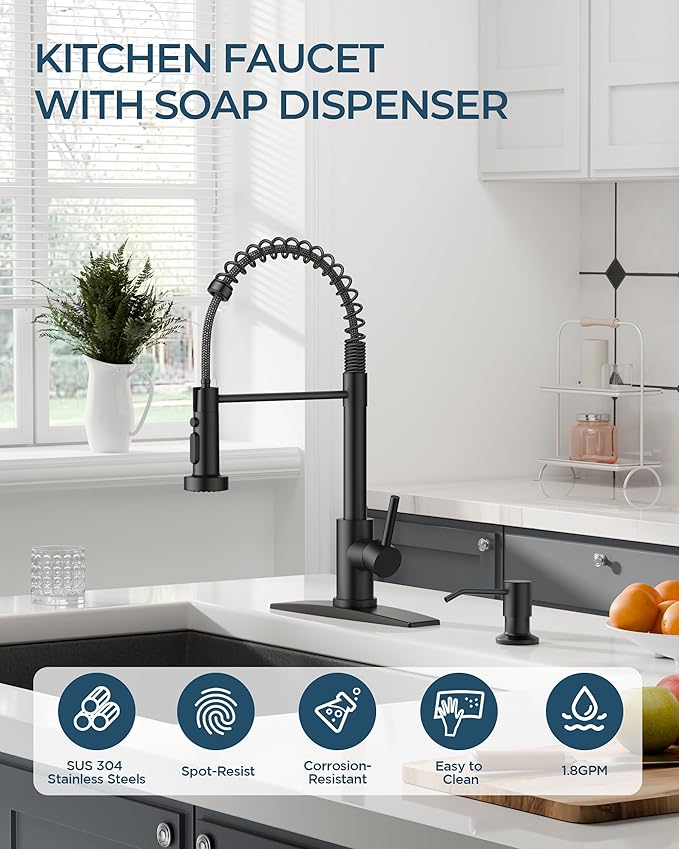 FORIOUS Black Kitchen Faucet with Soap Dispenser, Stainless Steel Single Handle Modern Spring Commercial Sink Faucet with Pull Down Sprayer for Laundry & Utility Room RV Camp Bar Farmhouse