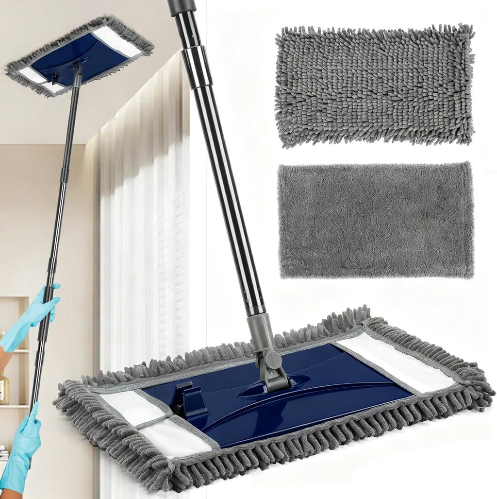 Wall Cleaner Mop with Long Handle, Extra Wall Dust Mop for Washing Walls with 2 Microfiber Reusable Pads,Floor Dry Wet Duster Mops for Wall Washer, Floor,Ceiling Cleaning，Blue