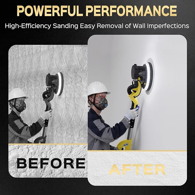 Drywall Sander, 2025 Upgraded 8-Amp Popcorn Ceiling Removal Tool with 7 Variable Speed 800-1800RPM, Drywall Sander with Vacuum Dust Collector with Extendable Handle, LED Light, 12pcs Sanding Discs