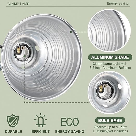 Macarrie 8 Pack Clamp Lamp Light with Aluminum Reflector, 6ft SPT-2 18awg Cord and Adjustable Stand Fixture, up to 150 Watt, E26 Socket, No Bulb(8.5 Inch)