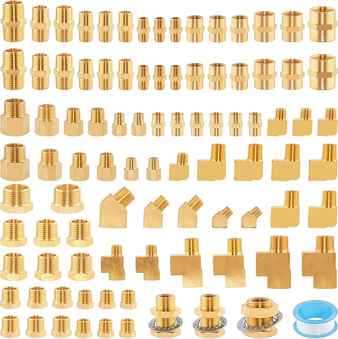 92PCS Brass Pipe Fittings Assortment Kit NPT Adapter,Hex Nipple,Reducer Bushing,Hex Coupling,90 Degree & 45 Degree Barstock Street Elbow,Street Tee,Bulk Head Fittings Kits