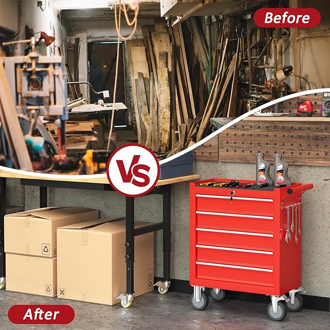 5 Drawers Rolling Tool Chest with Wheels, Portable Rolling Tool Boxes with Wheels, Tool Box Storage Cabinet with Locking System for Garage (RED, 5 Drawers)
