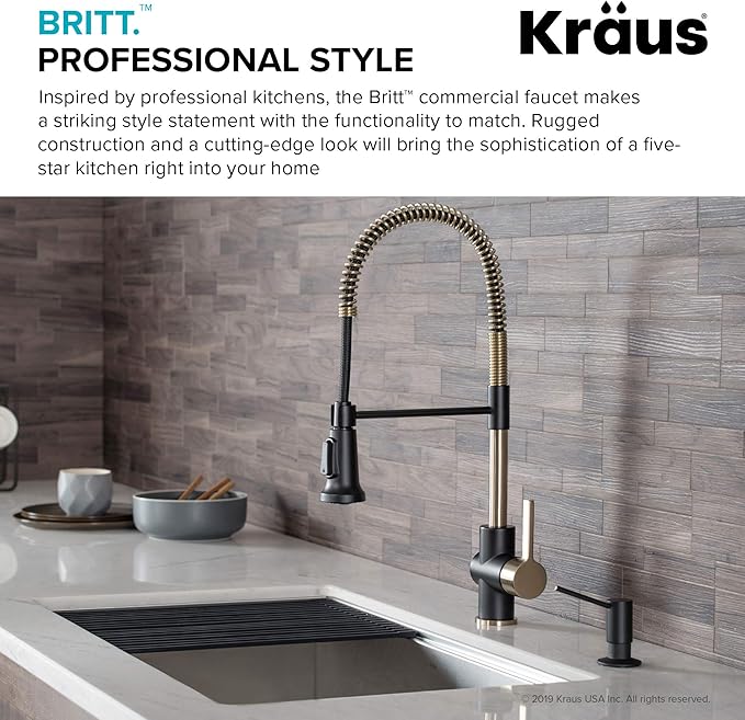 KRAUS Britt Commercial Style Pre-Rinse Kitchen Faucet with Deck Plate in Brushed Gold/Matte Black, KPF-1690BGMB
