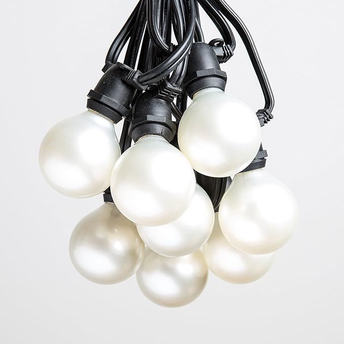 Hometown Evolution, Inc. 50 Foot C9 Commercial Exterior Globe String Lights with 40 G50 2 Inch White Satin Bulbs (Black Wire) for Weatherproof Heavy Duty Vintage Outside Lighting