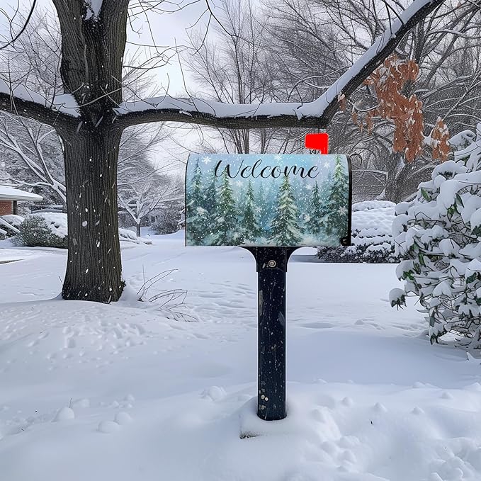 Winter Welcome Mailbox Covers Magnetic Oversized Forest Pine Tree Mailbox Cover Large Size 25.5x21 Inch Snowflakes Outdoor Letterbox Wraps for Garden Yard Winter Decor