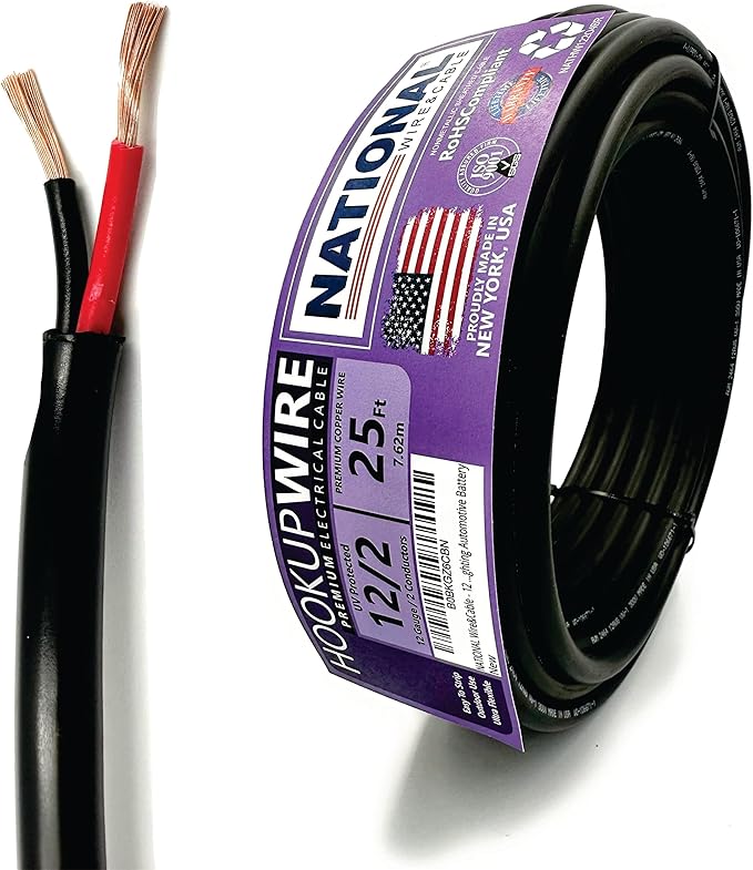 NATIONAL Wire & Cable – 12 AWG 2-Conductor Premium Copper Wire, 25 ft, Stranded | Made in USA, Heavy-Duty Flexible Jacket | Automotive, Solar, Home, RV, Indoor and Outdoor Use